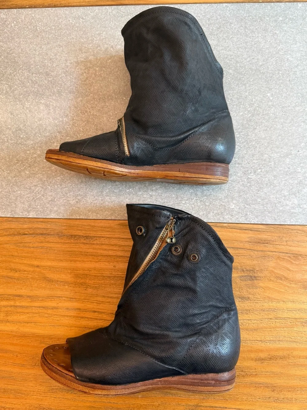 A.S.98 Brielle Peep Toe Slouch Zip Bootie Black Leather Size 38 (US 7.5-8)